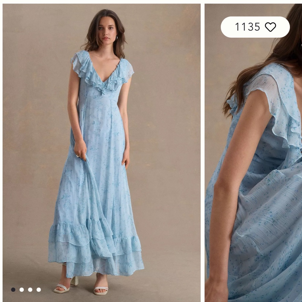 Sachin & Babi Ivy Chiffon Flutter-Sleeve Ruffled V-Neck Gown